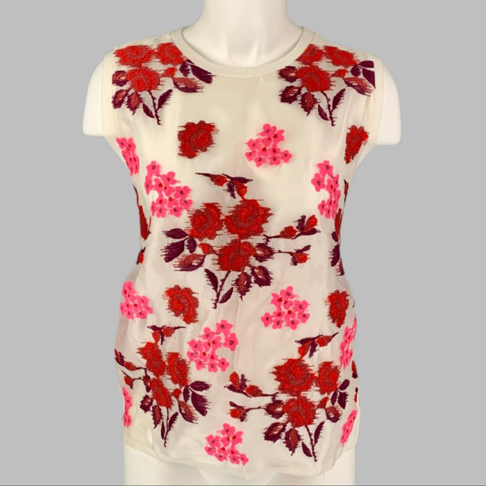 GIAMBATTISTA VALLI Size S White & Burgundy Cotton / Silk Floral Dress Top