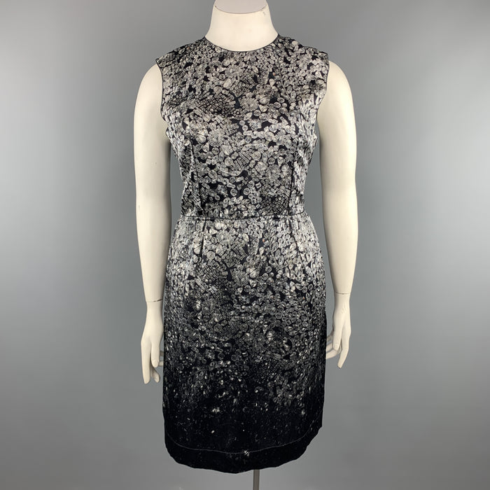 LANVIN Size 8 Grey & Black Diamonds Print Satin Sleeveless Shift Dress