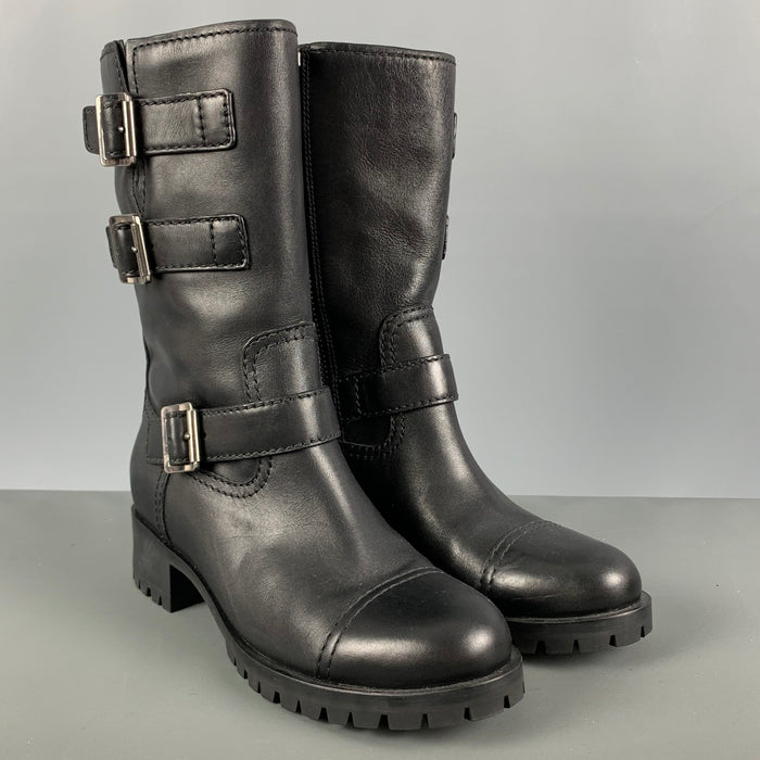 PRADA Size 8 Black Leather Solid Belted Boots