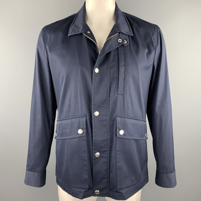 BRUNELLO CUCINELLI Size 42 Navy Cotton Blend Zip & Snaps Jacket