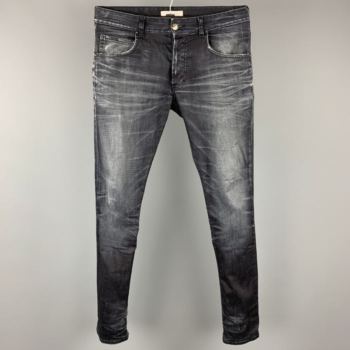 PIERRE BALMAIN Size 32 Indigo Distressed Cotton Button Fly Jeans