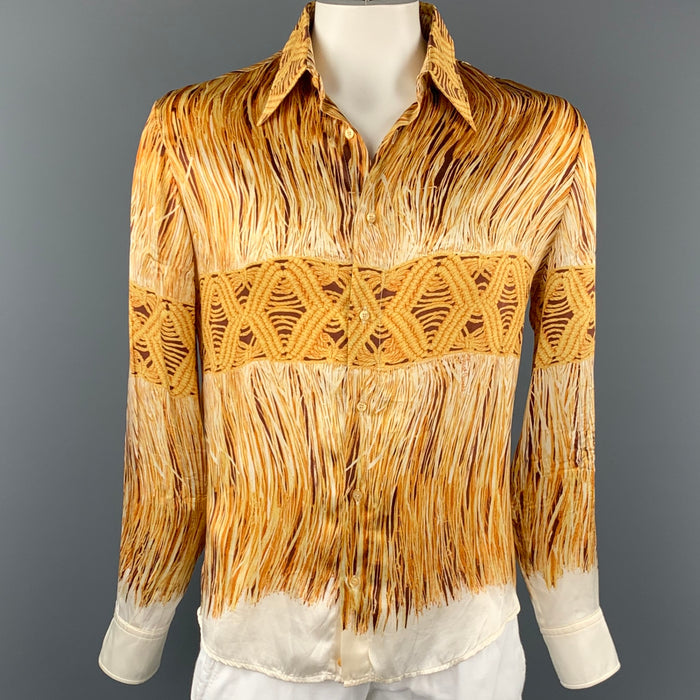 JUST CAVALLI Size L Gold & Brown Print Silk Button Up Long Sleeve Shirt