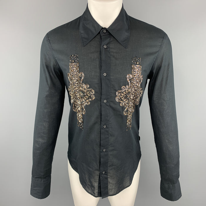 JUST CAVALLI Size M Embellishment Black Cotton Button Up Wide Pointed Collar Long Sleeve Shirt