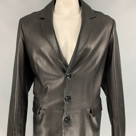 EMPORIO ARMANI Size 46 Black Leather Notch Lapel Coat