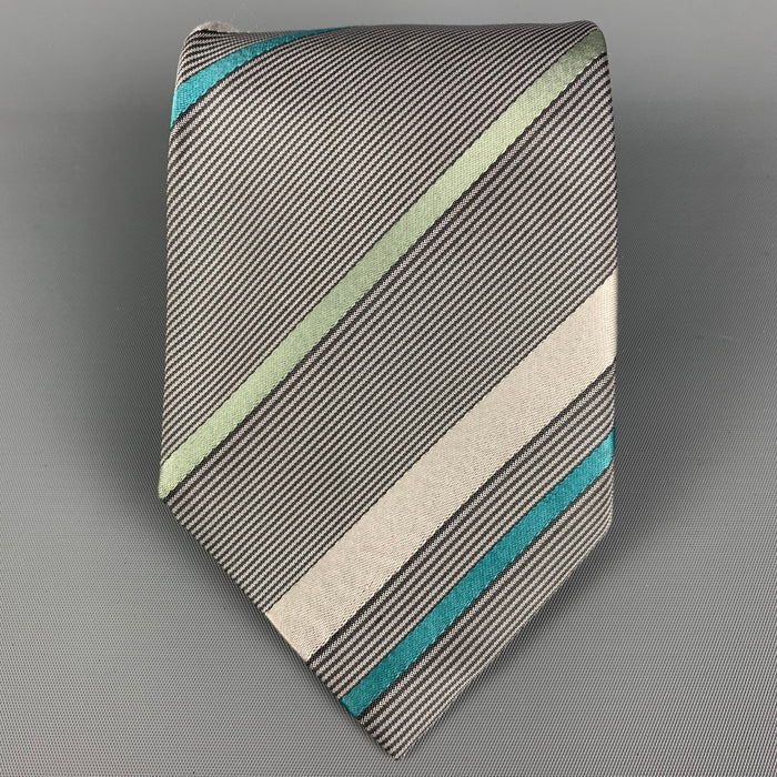 DRIES VAN NOTEN Grey Black Stripe Silk Tie