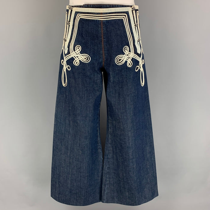 JEAN PAUL GAULTIER Jeans Size 32 Blue White Embroidery Cotton Nautical Wide Leg Jeans