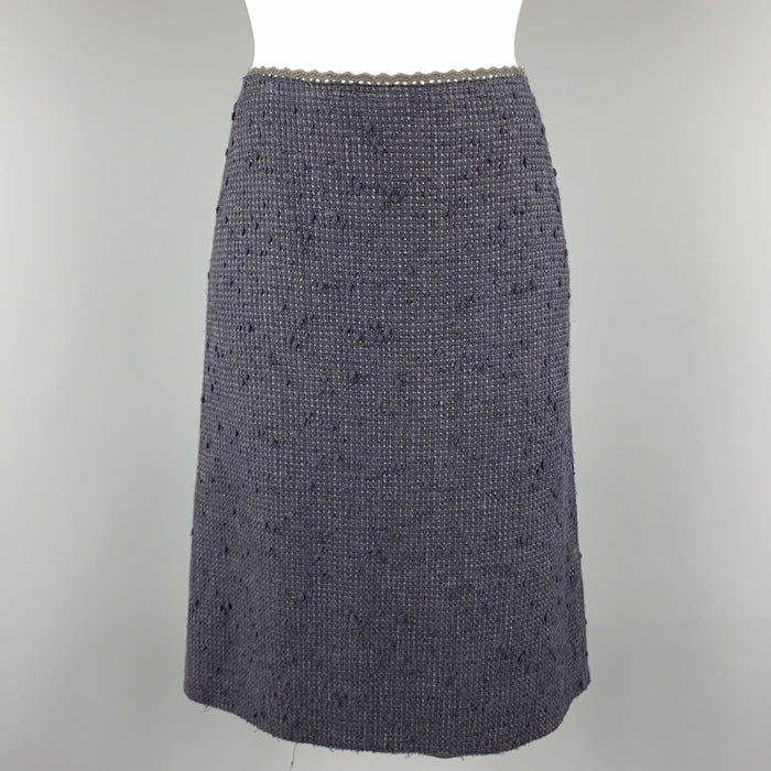 PRADA Size 6 Navy Cotton Blend Textured Tweed Lace Trime A Line Skirt