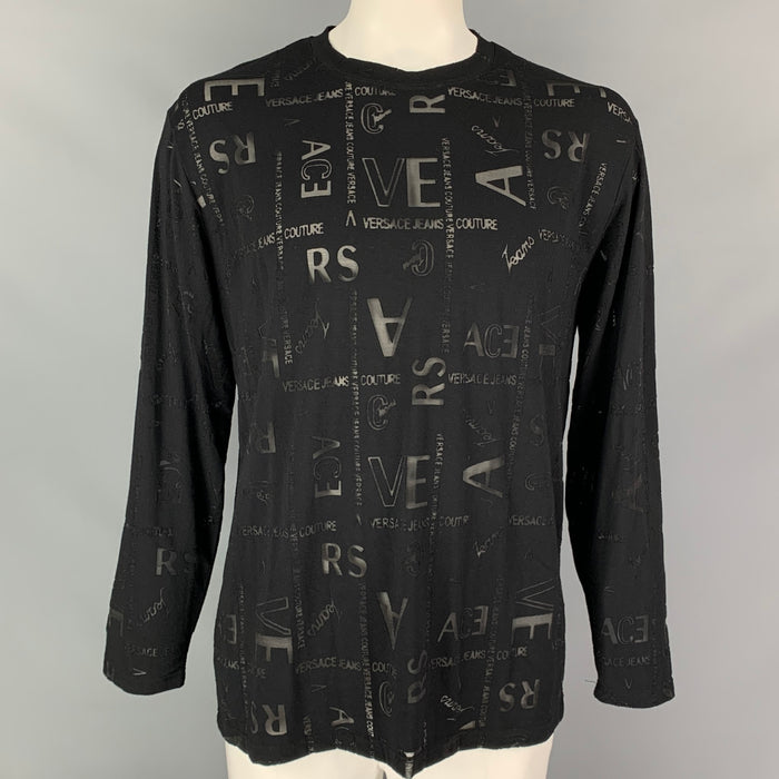 VERSACE JEANS COUTURE Size XXXL Black See Through Logo Viscose Blend Crew-Neck Pullover