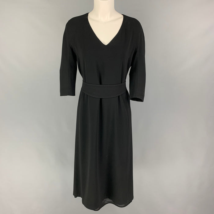 MAX MARA Size 8 Black Jersey Belted V-Neck Dress