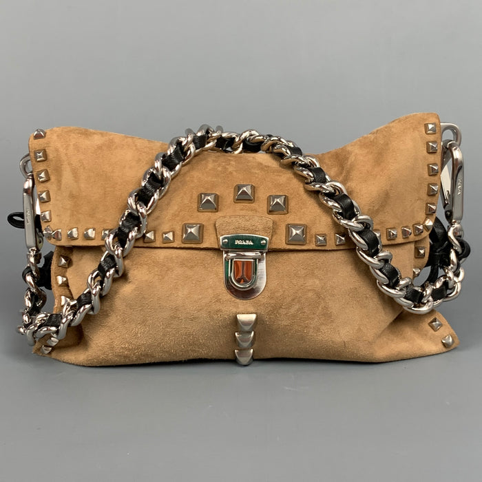 PRADA Beige & Silver Studded Suede Clutch Handbag