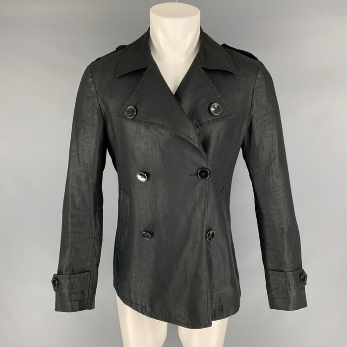 EMANUEL UNGARO Size 38 Black Solid Linen Peacoat Coat