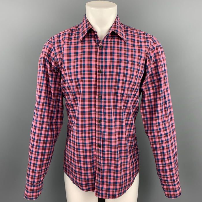 DRIES VAN NOTEN Size M Pink & Navy Plaid Cotton Button Up Long Sleeve Shirt