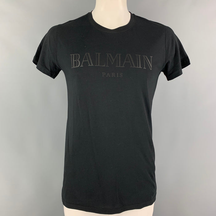 BALMAIN Size L Black Logo Cotton Crew-Neck T-shirt