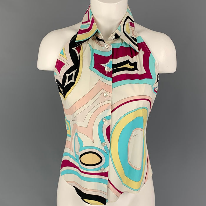 EMILIO PUCCI Size 6 Multi-Color Cotton Abstract Sleeveless Blouse