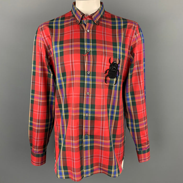 ALEXANDER MCQUEEN Size XL Multi-Color Tartan Cotton Beetle Patch Button Down Long Sleeve Shirt