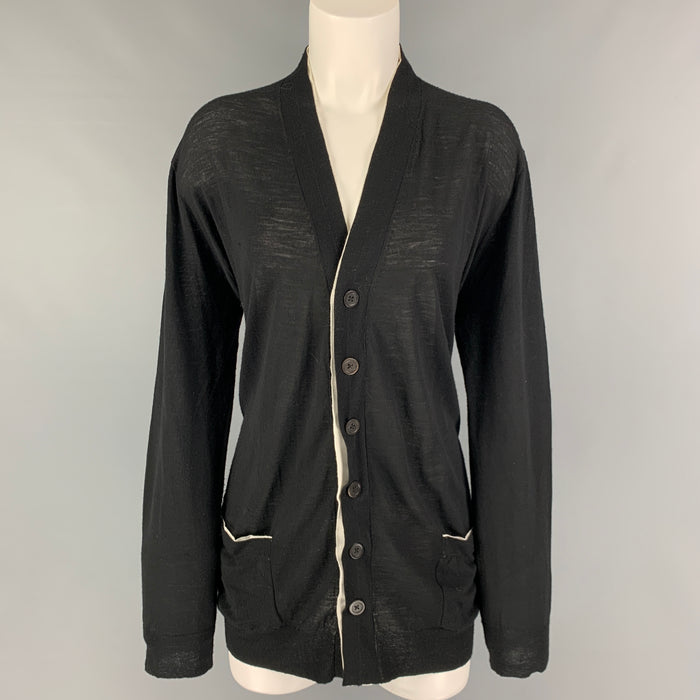 ANN DEMEULEMEESTER Size 8 Black White Wool Contrast Stitch Cardigan