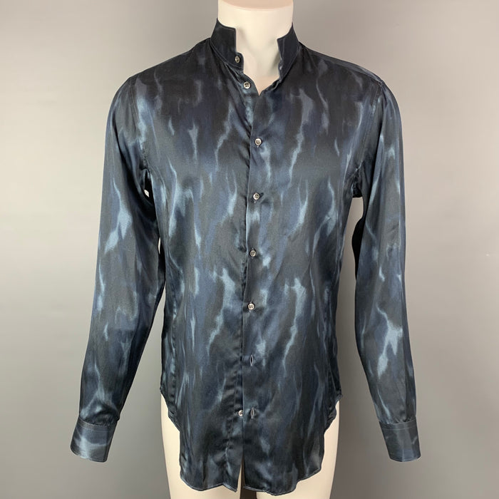 GIORGIO ARMANI Size M Black & Blue Print Silk / Cotton Long Sleeve Shirt