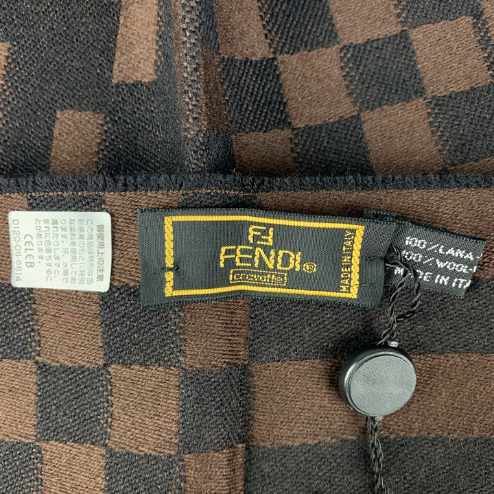 FENDI Brown Black Logo Wool Fringe Scarf