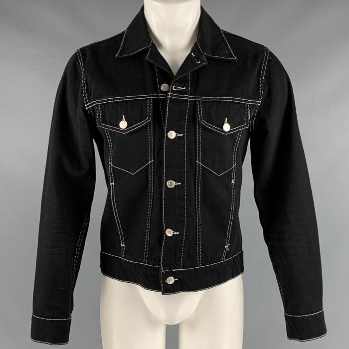 SANDRO Size M Black White Contrast Stitch Cotton Trucker Jacket