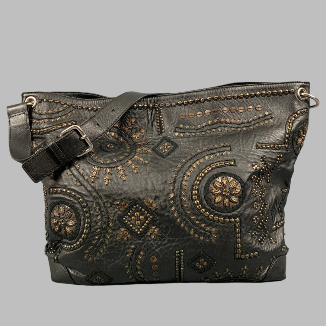 OSCAR DE LA RENTA Black Gold Studded Leather Handbag