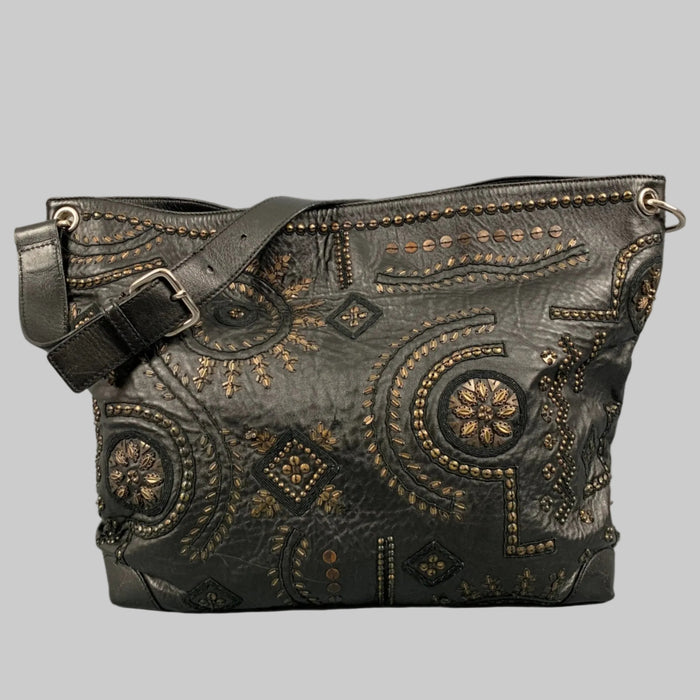 OSCAR DE LA RENTA Black Gold Studded Leather Handbag