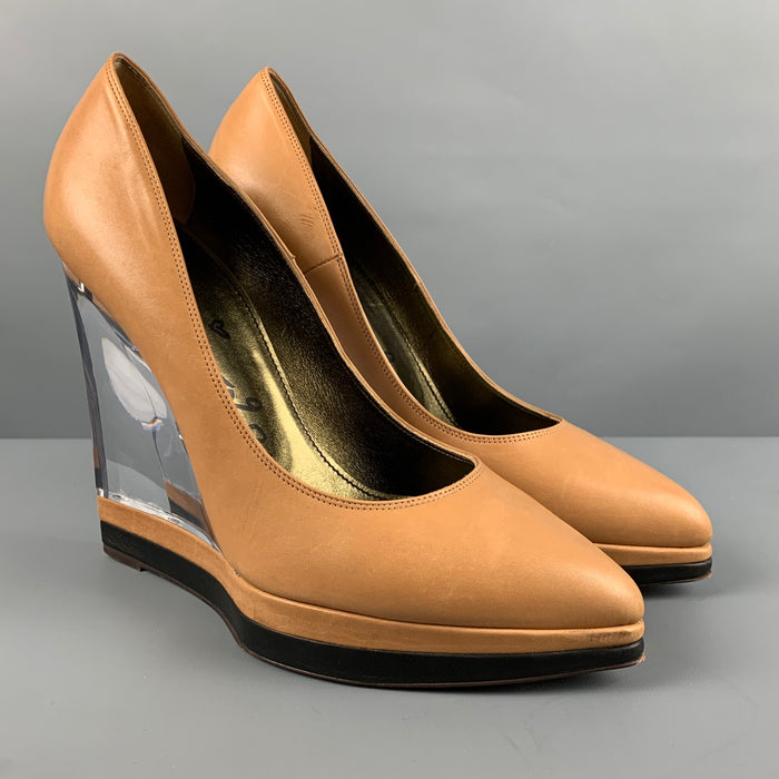 LANVIN Size 9.5 Beige Clear Leather Wedge Pumps