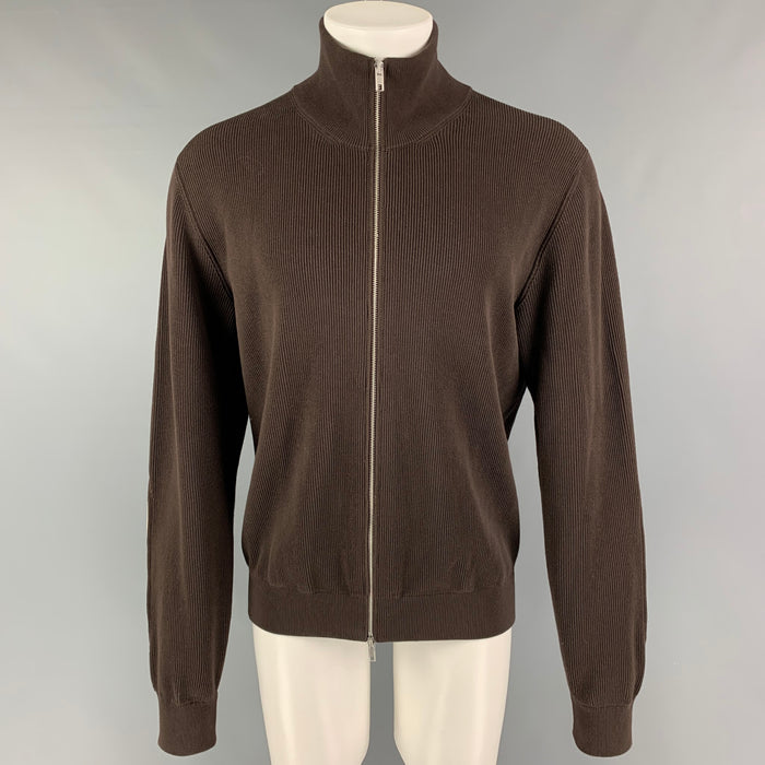 MAISON MARGIELA Size L Brown Ribbed Cotton Zip Up Cardigan