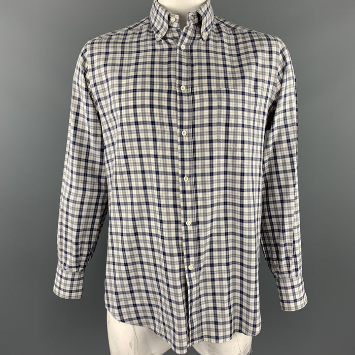 BRUNELLO CUCINELLI Size XXL Grey & Navy Plaid Cotton Long Sleeve Shirt