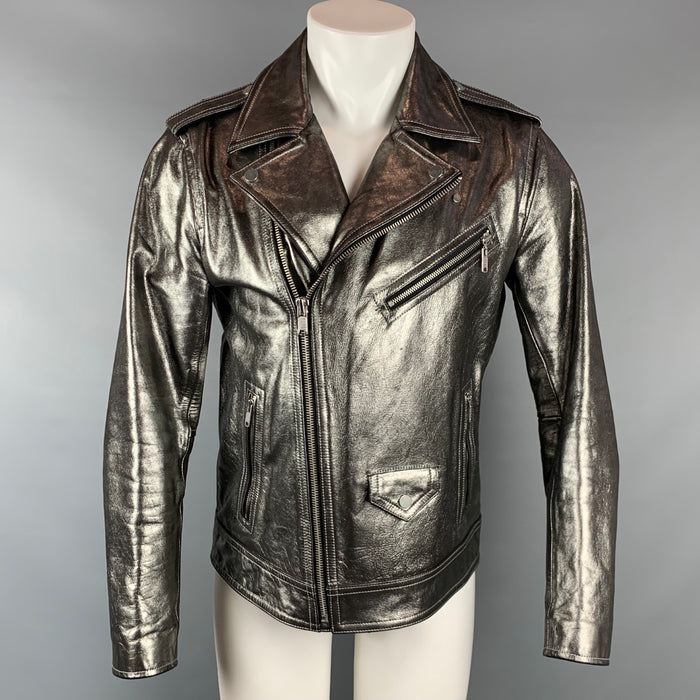 MARC by MARC JACOBS Talla 40 Chaqueta motera de cuero metalizado plateado