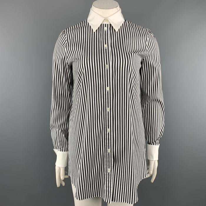 MICHAEL KORS Size 12 Black & White Striped Cotton Blend French Cuff Blouse