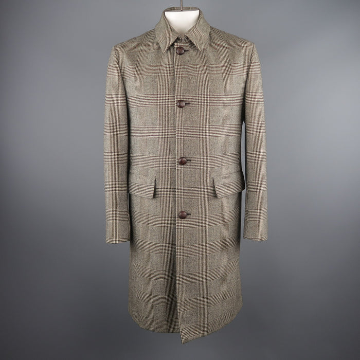 BRIONI 40 / IT 50 Black & Beige Plaid Wool Storm System Long Over Coat