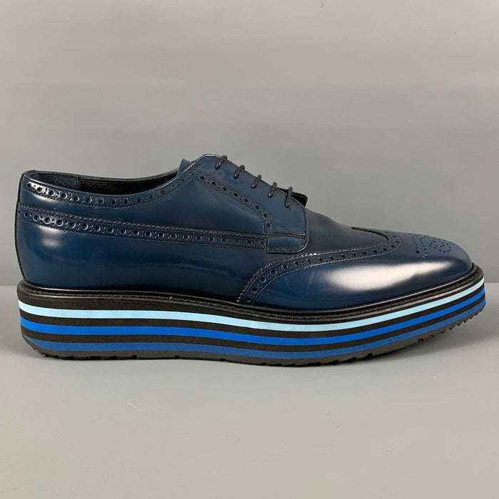 PRADA Size 10 Blue Black Perforated Leather Platform Lace Up Shoes