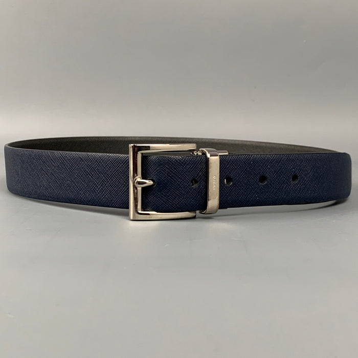 PRADA Size 34 Navy & Grey Textured Saffiano Leather Reversible Belt