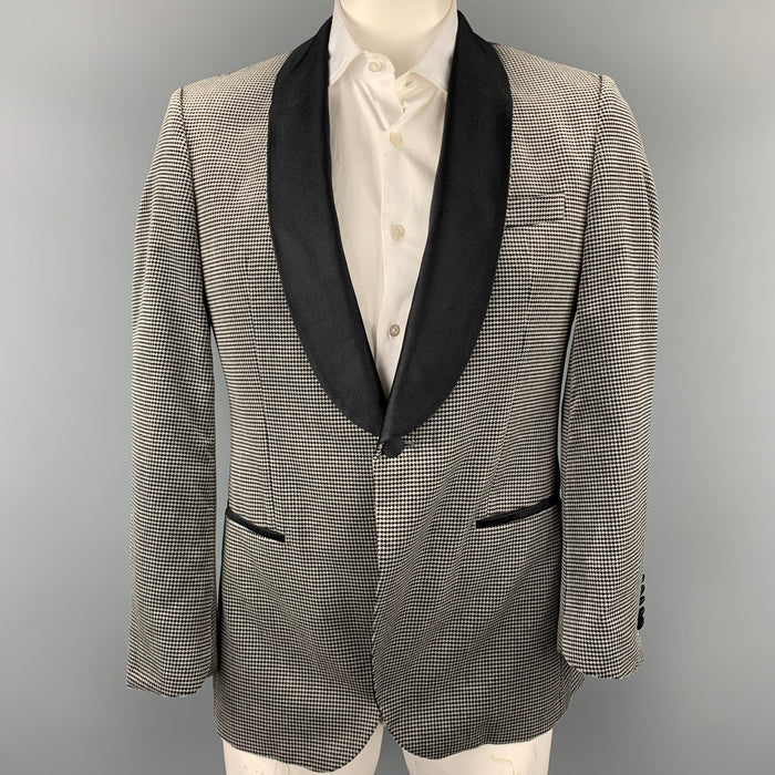 HUGO BOSS Tailored Size 42 Grey & Black Houndstooth Cotton Velvet Shawl Lapel Sport Coat