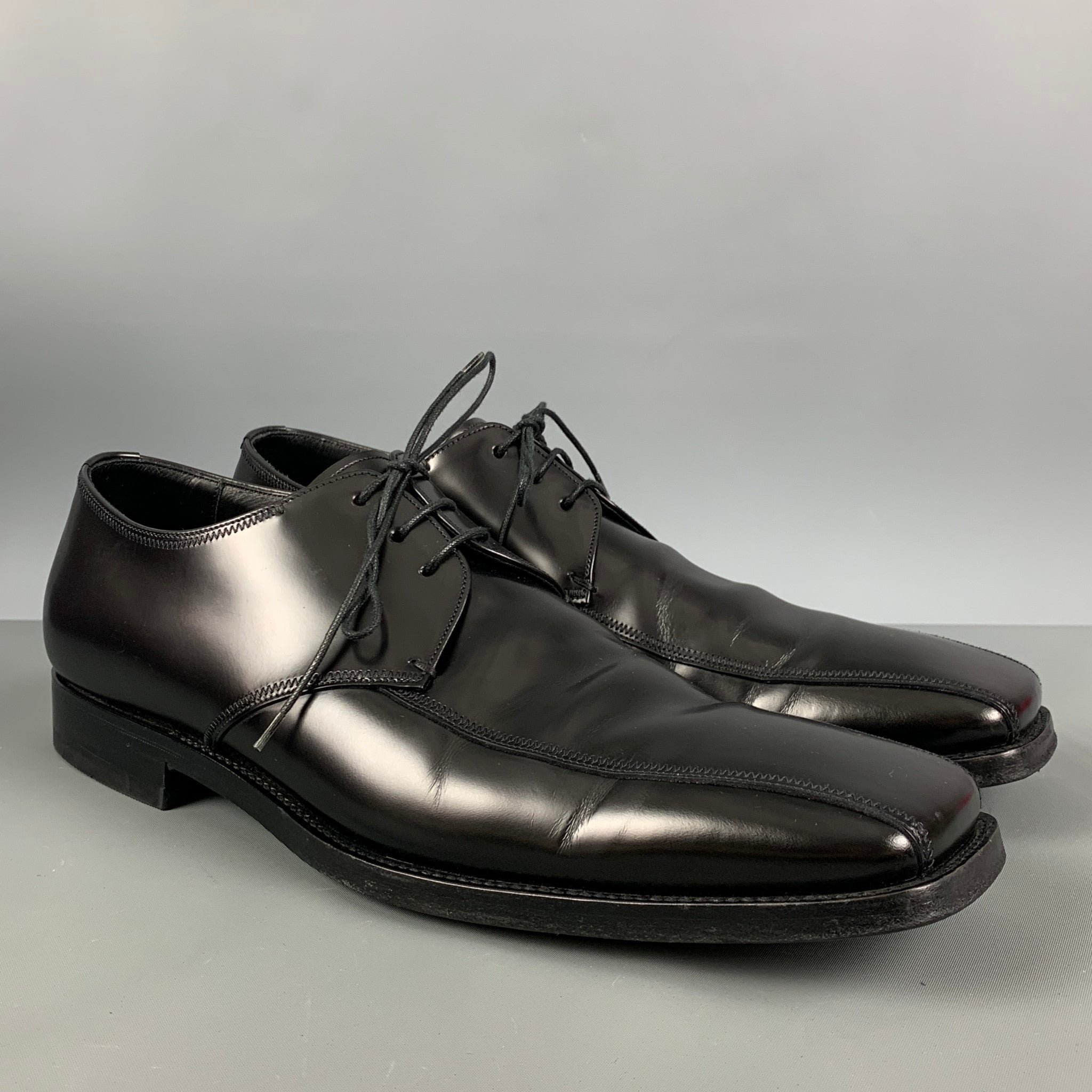 PRADA Size 10.5 Black Leather Square Toe Lace Up Shoes