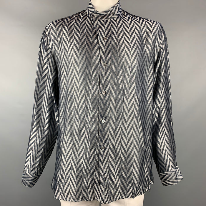 GIORGIO ARMANI Size XL Grey & Black Herringbone Silk Long Sleeve Shirt