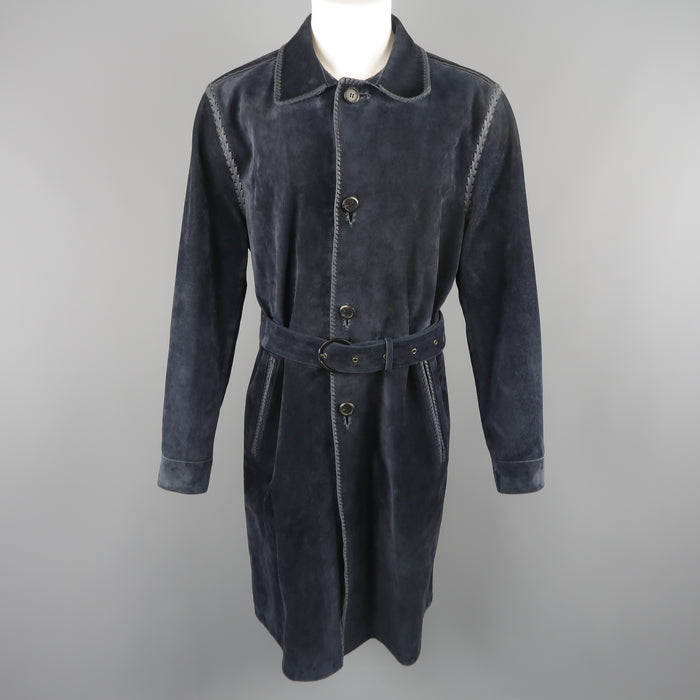 SALVATORE FERRAGAMO 40 Navy Suede Whipstitched Trench Coat