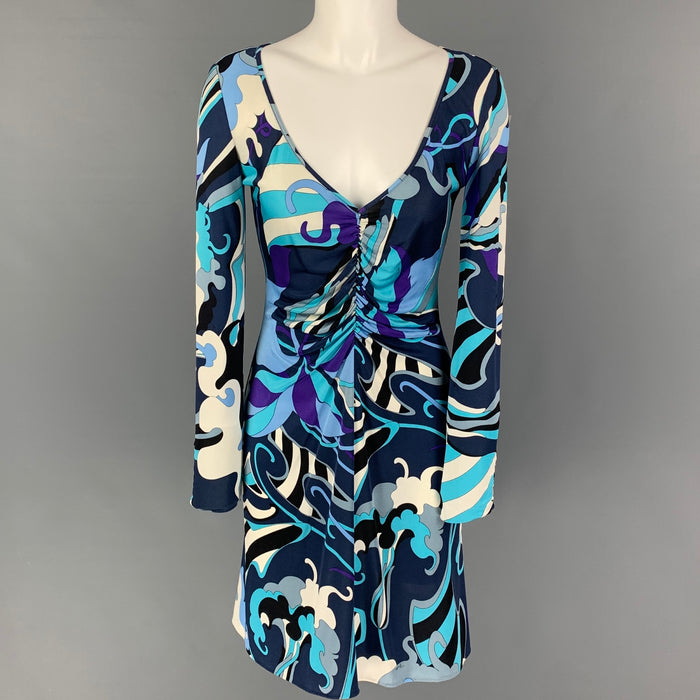EMILIO PUCCI Size 8 Navy Purple Silk Abstract Ruched Dress