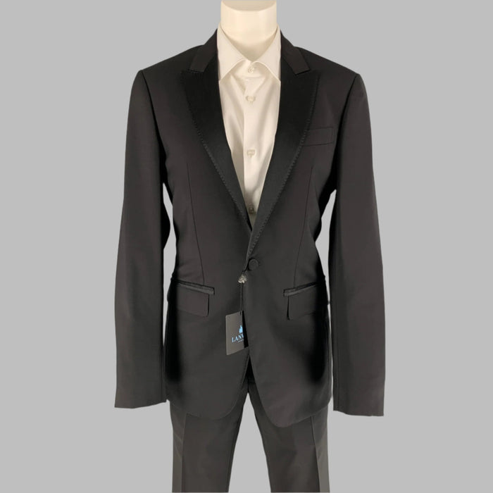 LANVIN Size 34 Black Solid Wool Mohair Peak Lapel Tuxedo