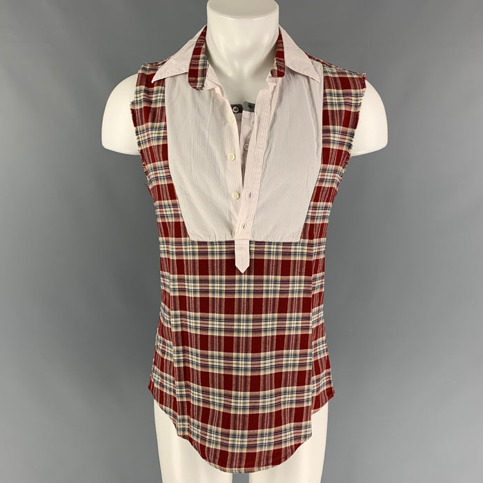 MCQ by ALEXANDER MCQUEEN Size S Burgundy White Plaid Short Sleeve Shirt