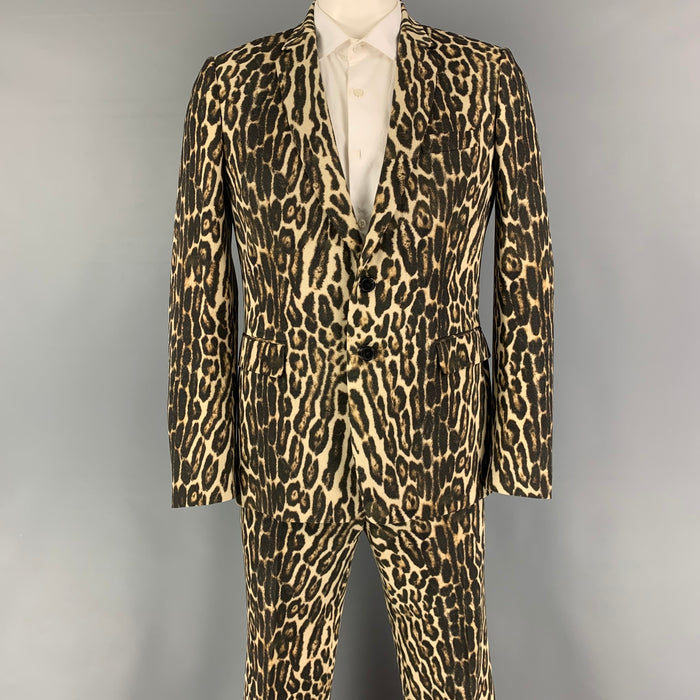 DRIES VAN NOTEN Chest Size 42 Brown Tan Animal Print Wool Notch Lapel 36 31 Suit