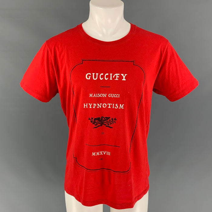 GUCCI Size M Red & White Guccify Logo Cotton Short Sleeve T-shirt