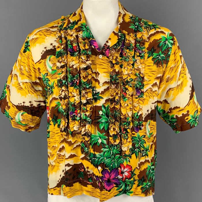 DSQUARED2 Size M Yellow Multi-Color Hawaiian Viscose Cropped Short Sleeve Shirt