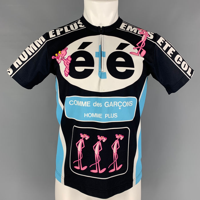 COMME des GARCONS HOMME PLUS Size M Black Blue Pink Panther Logo Polyester Jersey T-shirt