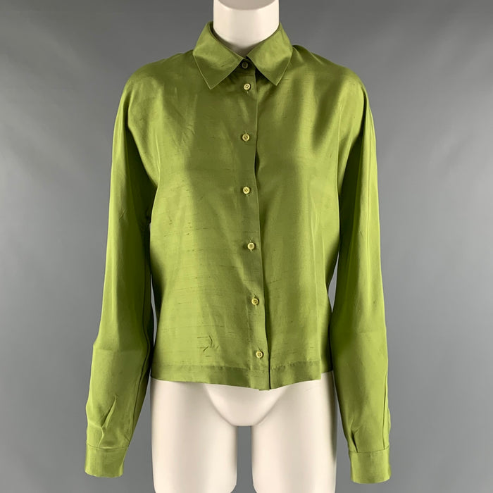 PRADA Size 10 Green Silk Long Sleeve Dress Top