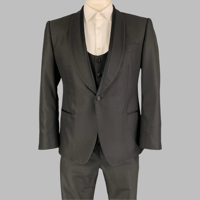 DOLCE & GABBANA Sicilia Talla 42 Traje corto de esmoquin con cuello chal de lana tejida en negro, traje de 3 piezas