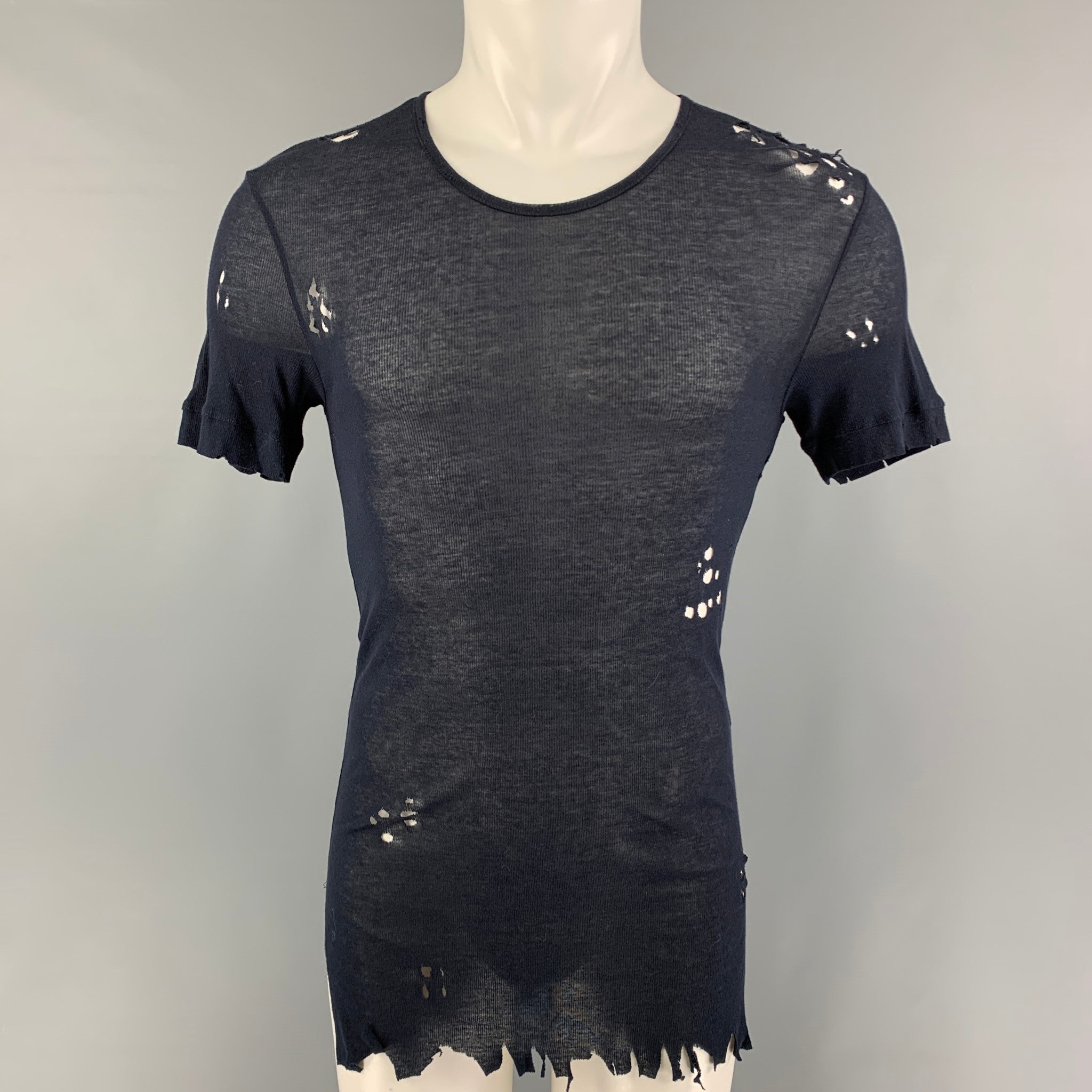 BALMAIN SS18 Size M Navy Blue Distressed Cotton Destroyed Long T 