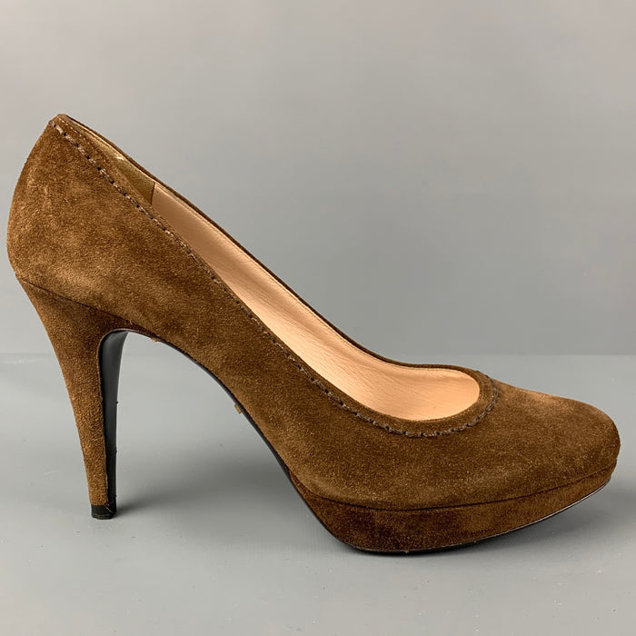 PRADA Size 8.5 Brown Suede Contrast Stitch Platform Pumps