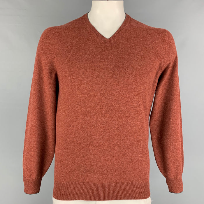 BRUNELLO CUCINELLI Size L Brick Knitted Cashmere V-Neck Sweater