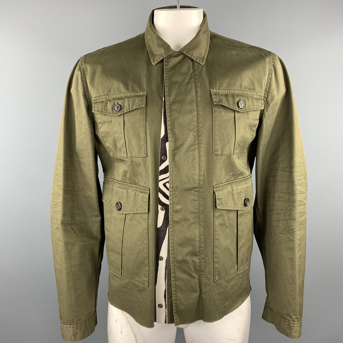 DSQUARED2 Talla 44 Chaqueta militar con ribete de pelo de caballo de cebra de algodón verde oliva